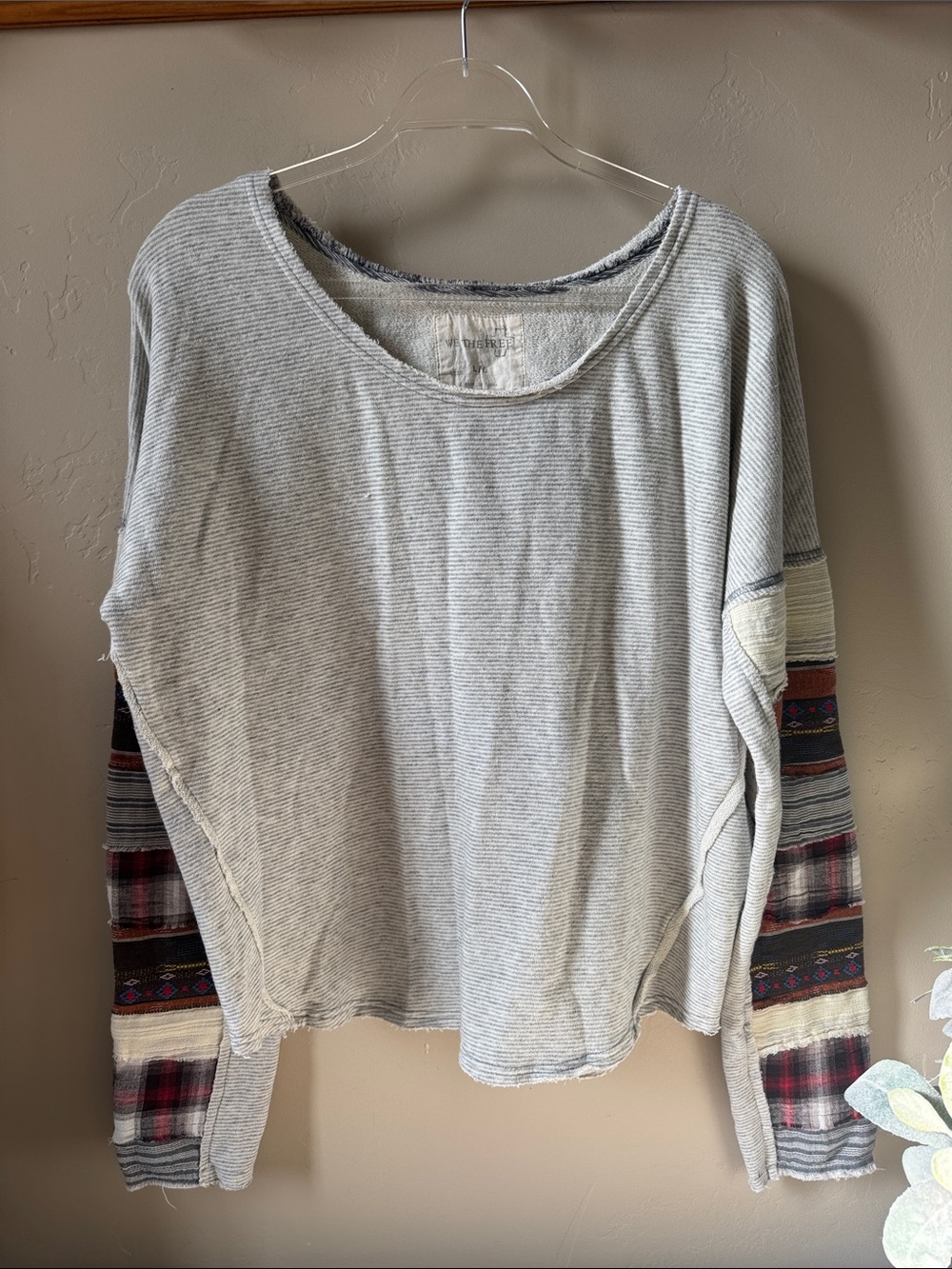We the Free Light Gray Pullover with Patterned Sleeves boho